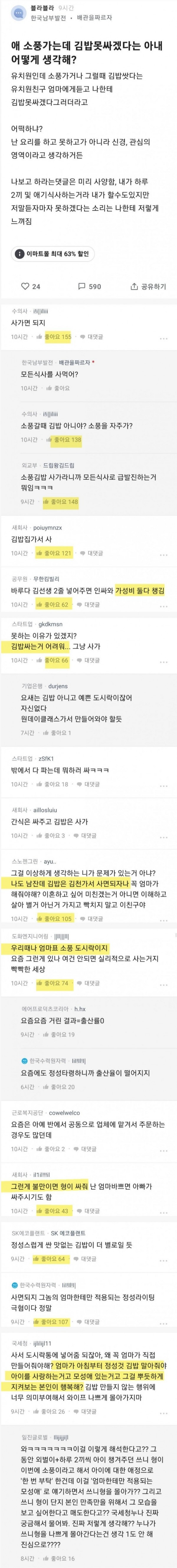 자기 자식 김밥 싸주기 싫어 분노하는 한국여성들