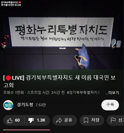 경기북부 '평화누리특별자치도' 유튜브 댓글 반응