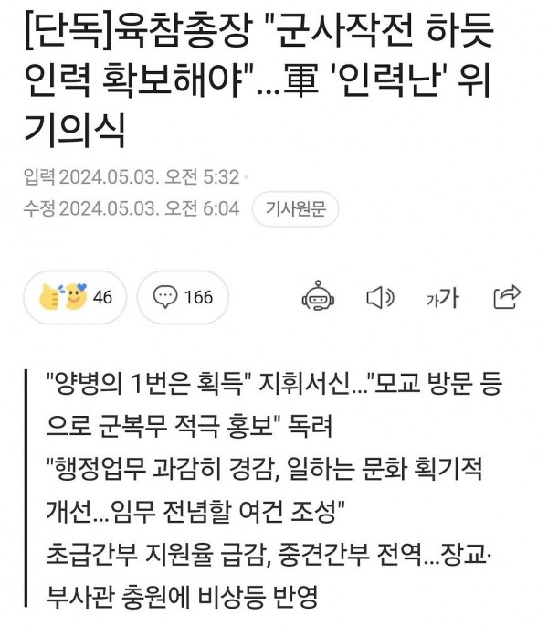 육군참모총장도 걱정하는 한국 육군 근황