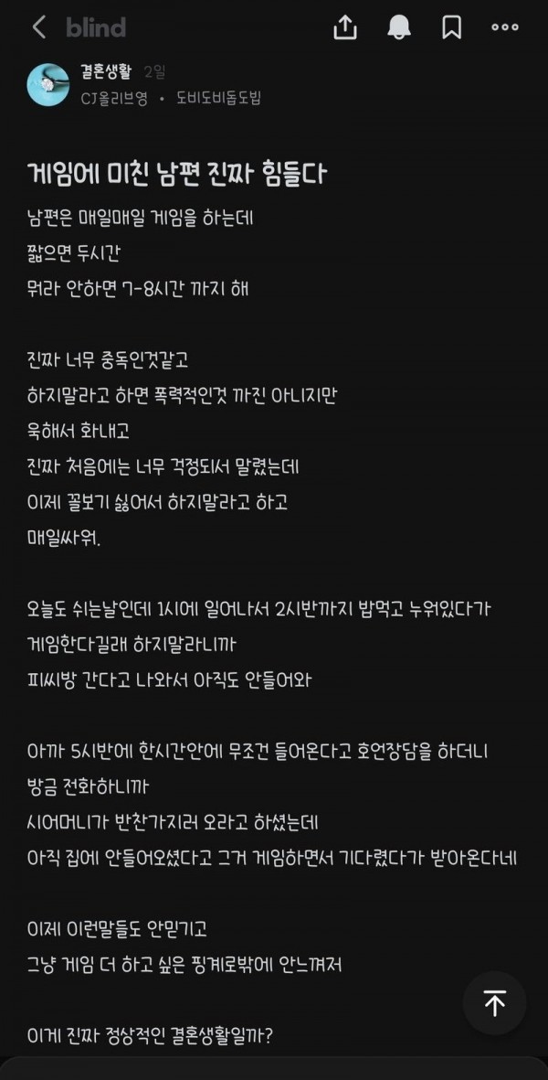 게임에 미친 남편이 힘든 아내 