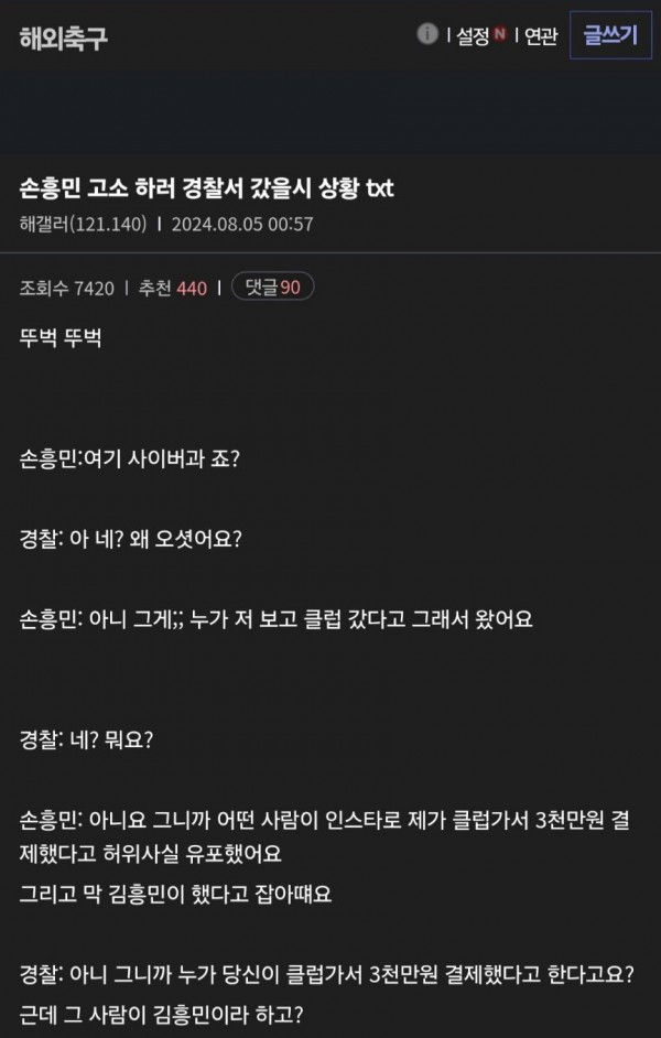 손흥민 고소 선언 후 해축갤 개념글 상황........ 