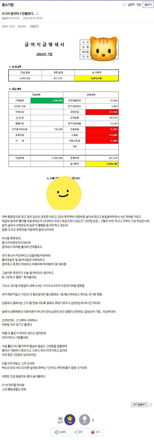 자살시도 했다가 월급 300 넘기고 울었다는 91년생 