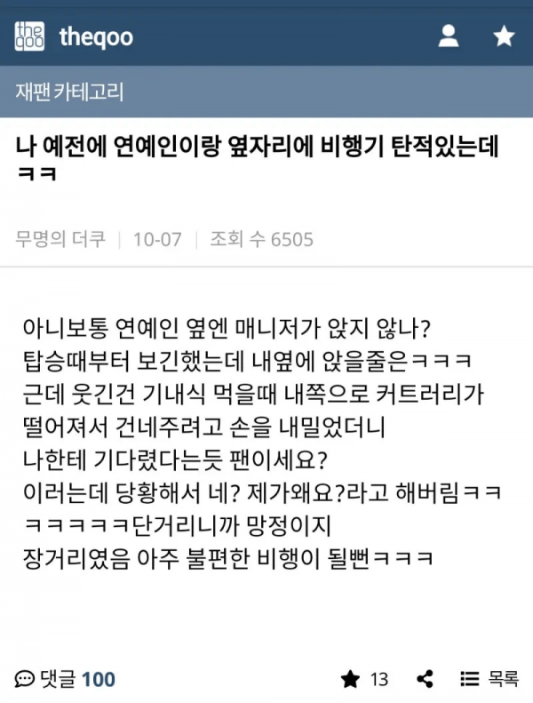 비행기 옆자리에 연예인 앉았다는 사람