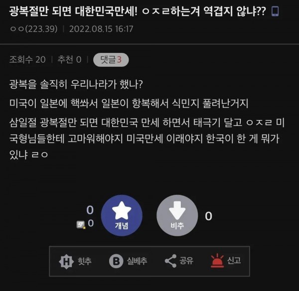 광복절만 되면 대한민국 만세 하는 거 역겨움 