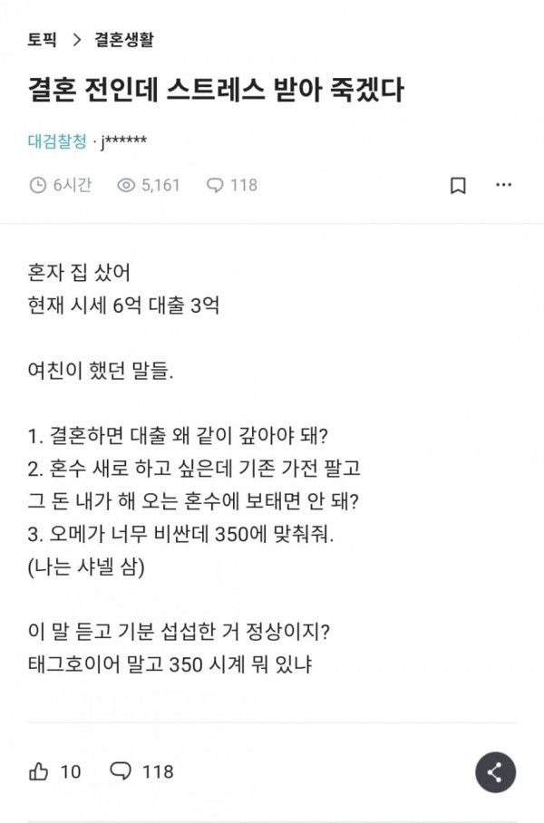 결혼 전부터 스트레스 받아서 죽겠다는 블라남