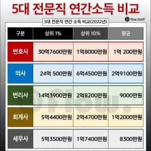 대한민국 5대 전문직 연간소득 