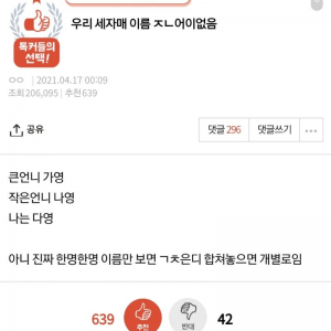 우리 세자매 이름 ㅈㄴ 어이없음
