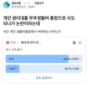 개인 생리대를 부부생활비 통장으로 사도 되냐가 논란