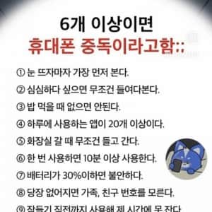6개 이상이면 휴대폰 중독이라고함